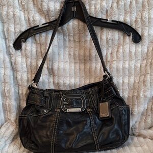 Tignanello Leather Black Shoulder Bag with Silver Accents